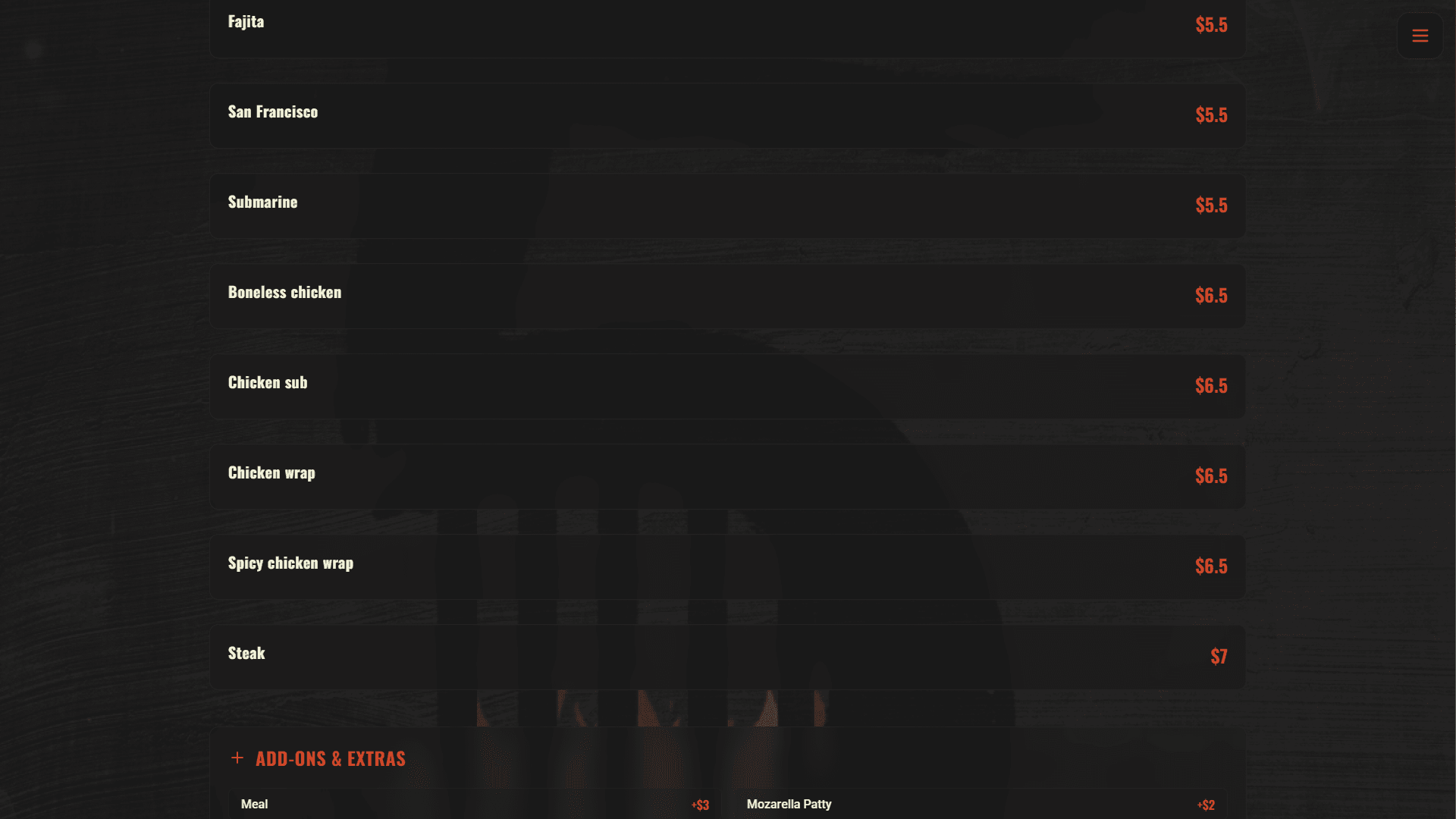 Digital menu homepage