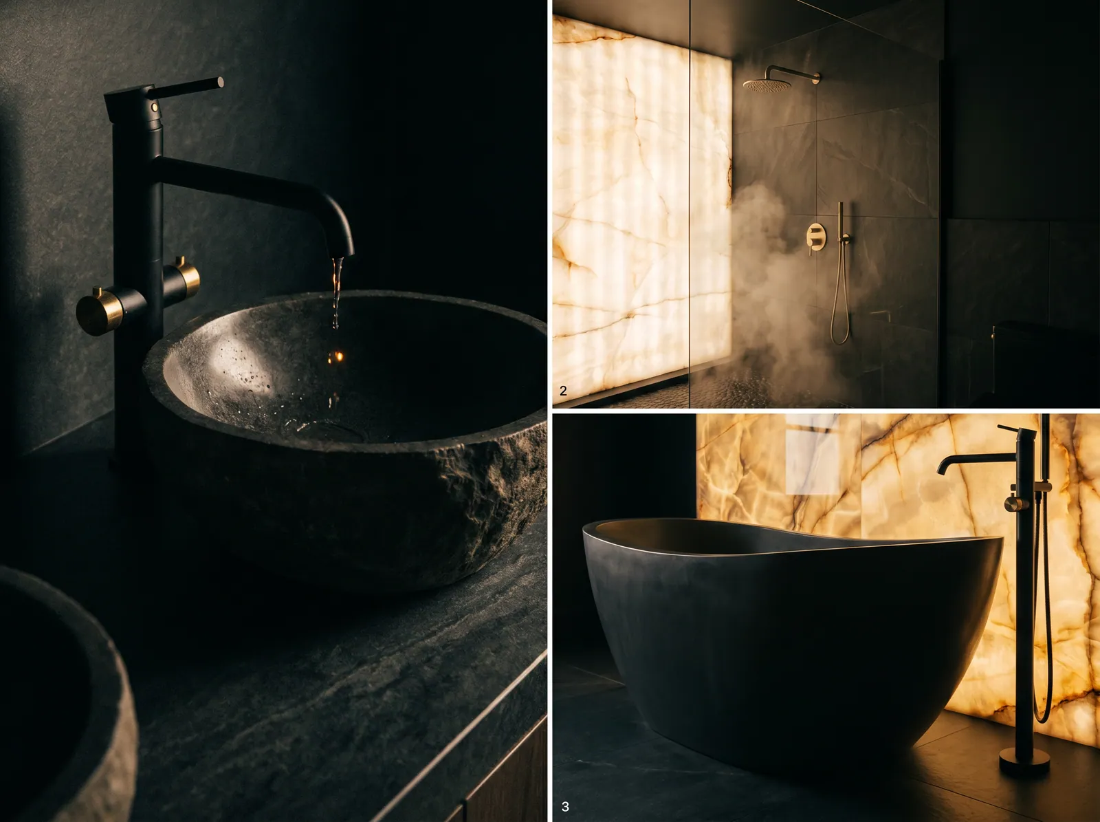Matte-black tap over a stone basin