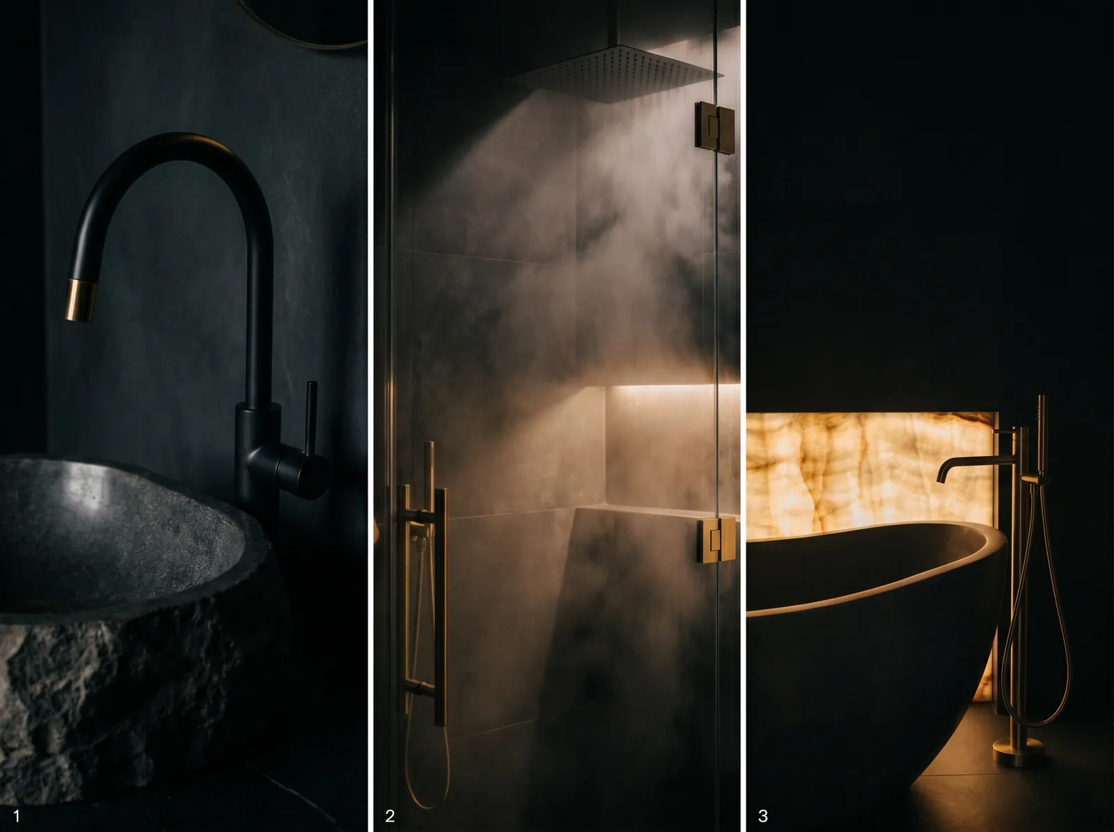 Backlit walk-in shower with steam